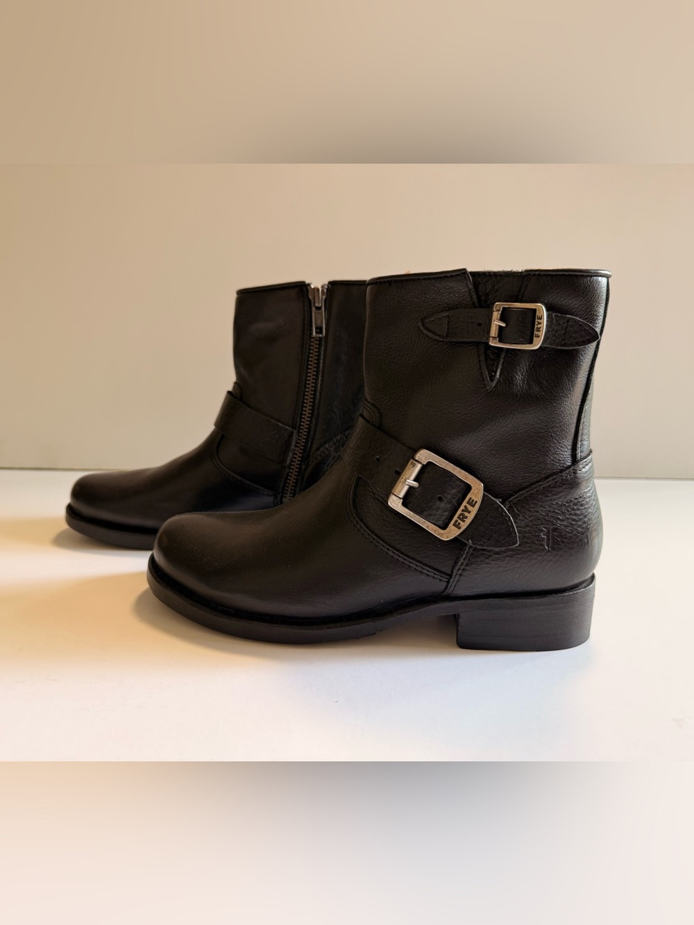 FRYE Black Leather Buckle Ankle Boots